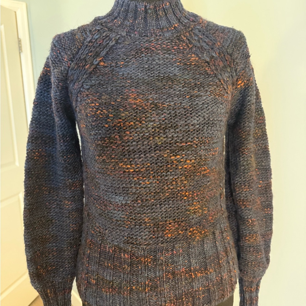 Veronica Beard Navy Speckled Turtleneck Sweater with Orange Flecks